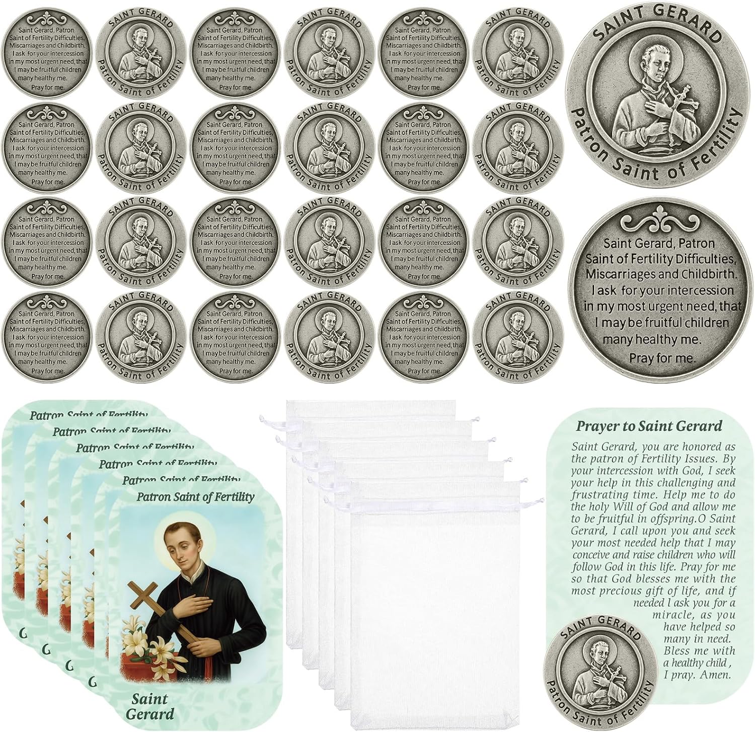 24 Set Patron Saint of Fertility St Gerard Pocket Token with Prayer Back Include Prayer Card Pocket St Gerard Token Organza Pouch Catholic Spiritual Gift for Pregnancy Expecting Mother Couples