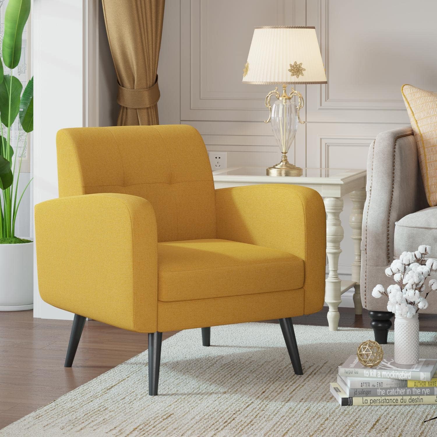 JustRoomy Living Room Chairs Upholstered Reading Chair Yellow Mid Century Accent Chair Comfortable Fabric Comfy Armchair Bedroom Chair with Arms Wooden Tapered Leg Removable Seat Cushion, Yellow : Home & Kitchen