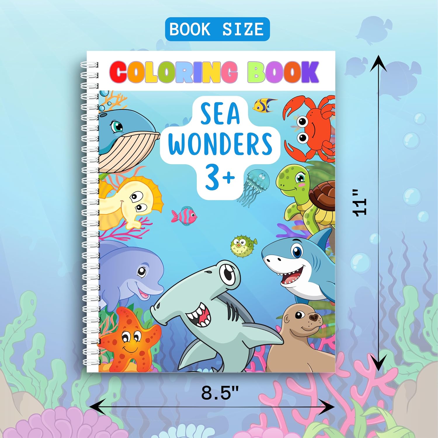Coloring Pages, Sea Wonders Coloring for Kids Ages 3+, 44 Engaging Illustrations of Sharks, Dolphins, Whales, Turtles & More! Perfect for Boys & Girls. Spiral Bound, Thick 199 GSM Paper, Size 8.5x11