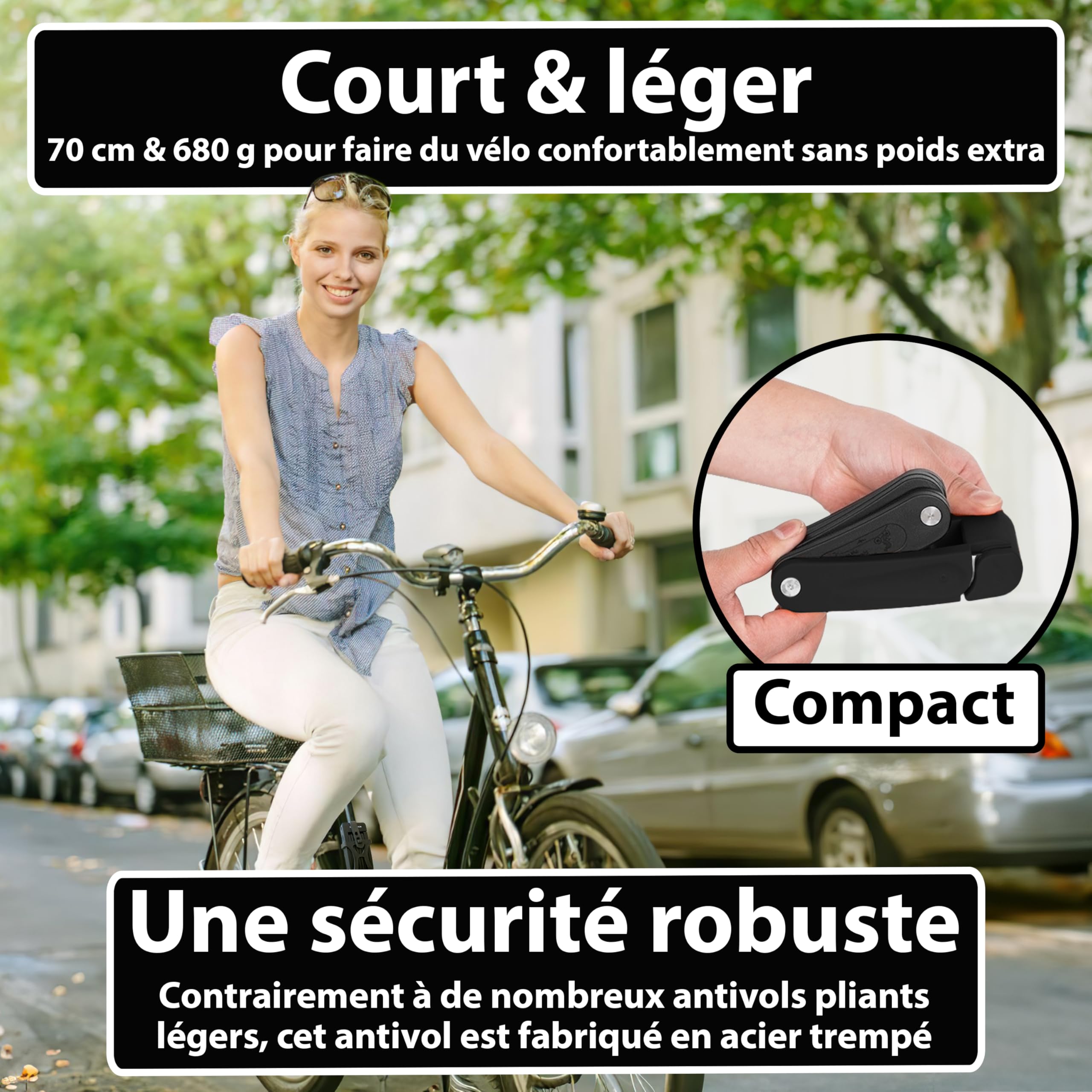 KOHLBURG Antivol pliable léger - 680 g léger et 70 cm de long avec support | Antivol velo en acier trempé, aussi comme antivol velo electrique, ebike et cadenas trotinette electrique