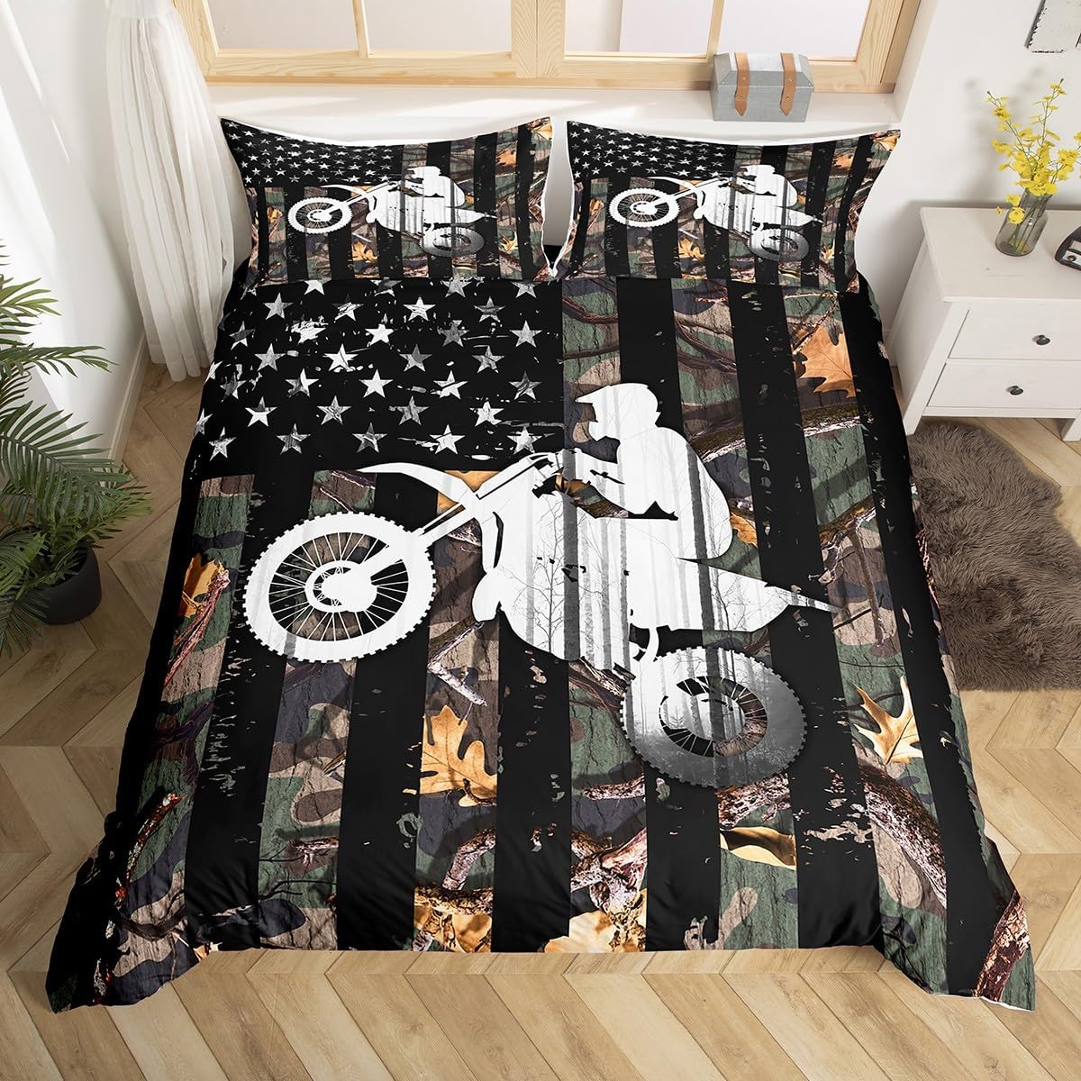Castle Fairy Motorcross Game Bedding Set for Girls Boys,Dirt Bike Extreme Sports Comforter Cover,American Flag Camo Duvet Cover Room Decor,Farmhouse Style Leaves Camouflage Queen,No Comforter