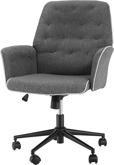 HOMCOM Linen Office Swivel Freely Chair Ergonomic Mid Back Computer Seat Soft Padded Armrest Desk Chair with Adjustable Height Suitable For Home Office - Grey