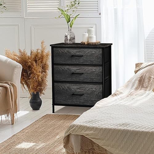 Miniatura 2 de Sorbus Cómoda de mesita de noche con 3 cajones de madera sintética, mesita de noche con almacenamiento, marco de acero, parte superior de madera,