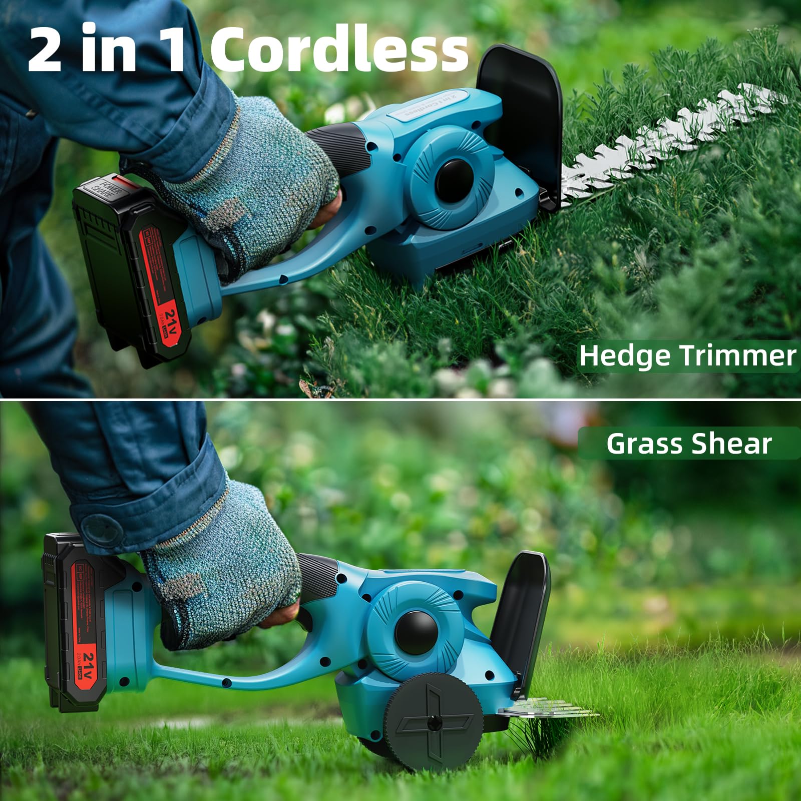 Cortasetos y Cortacésped a Batería 21V, 3.0Ah esculpida setos y tamaño de Hierbas inalámbricas | Cuchillas 22cm & 13cm | Compatible con Baterías de Iones de Litio de 18V Comunes (BL1830 BL1850B)