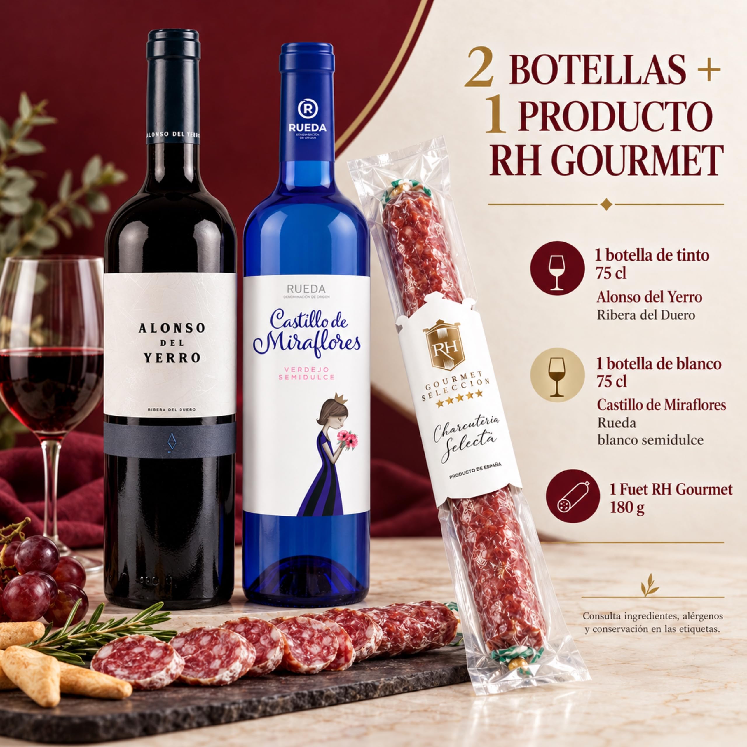 Cesta gourmet Navidad Alonso del Yerro y Castillo de Miraflores con fuet ibérico de bellota 180 g RH Gourmet, pack de 2 botellas 75 cl