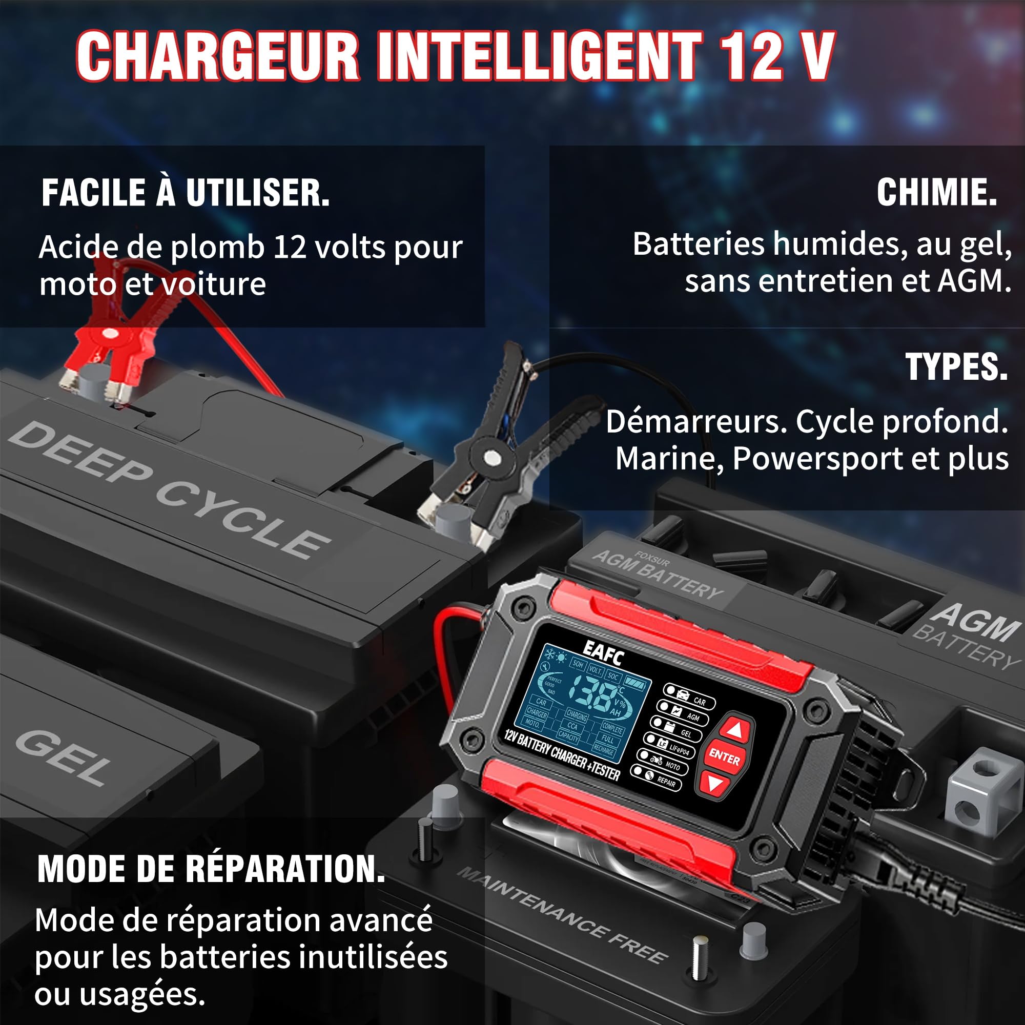 Testeur de Batterie de Voiture et Chargeur de Voiture Tout-en-Un EAFC12V6A Testeur de Batterie Chargeur pour Moto, Camion, AGM LiFePO4 Outil de Diagnostic de Batterie