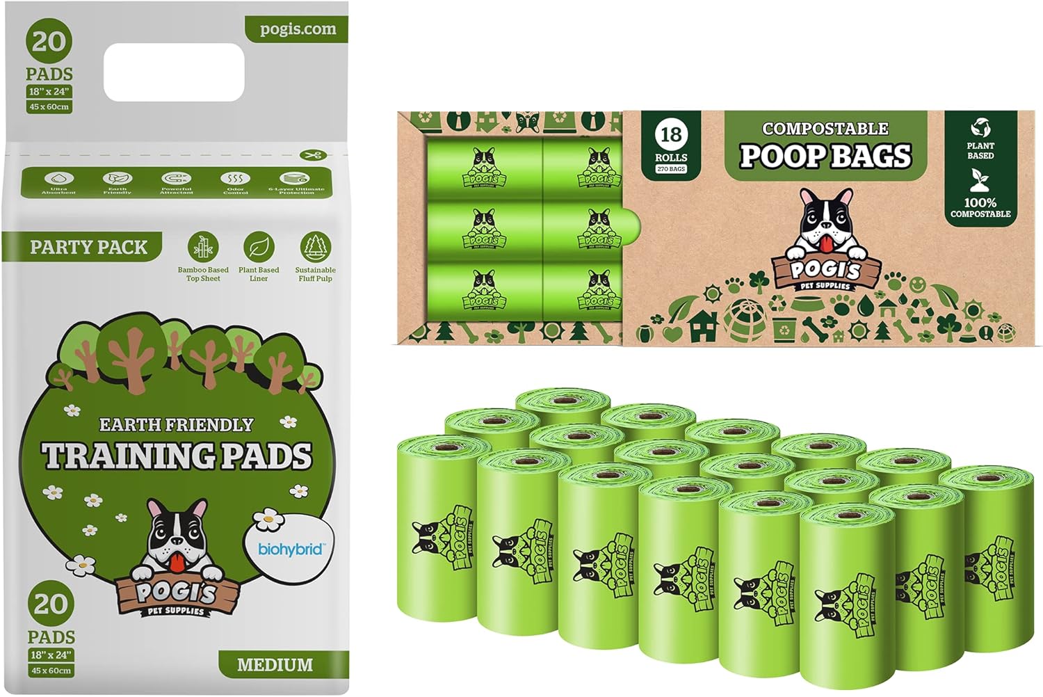 Pogi's Dog Pads n' Poop Bags Bundle - 20 Plant-Based Puppy Pads (18x24in) and 270 Compostable Poop Bags Combo Pack