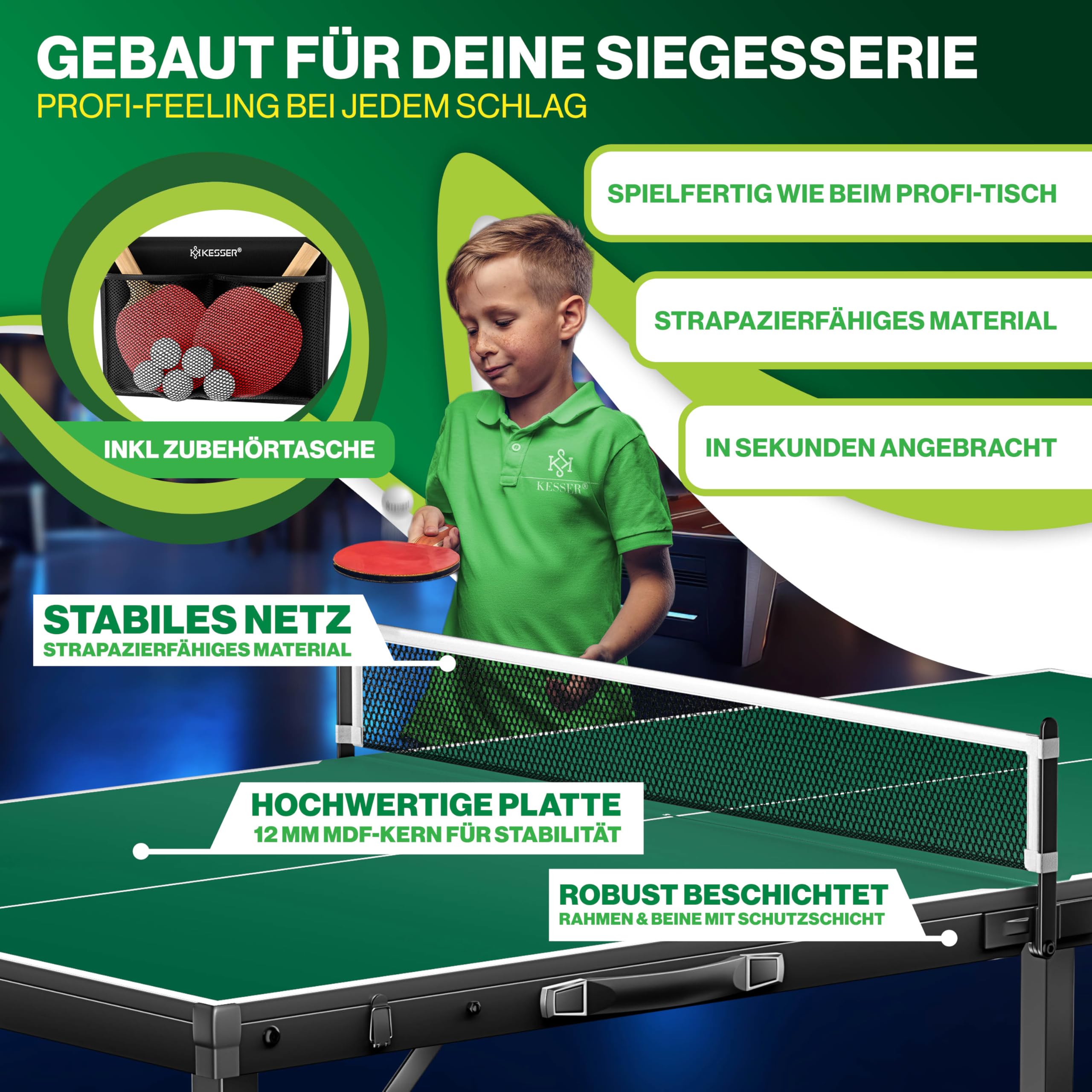 KESSER Mini table de ping-pong d'extérieur | Intérieur avec ensemble de raquettes de ping-pong, balles de tennis de table et filet TT – Résistant aux intempéries | Laminé | Pliable pour les