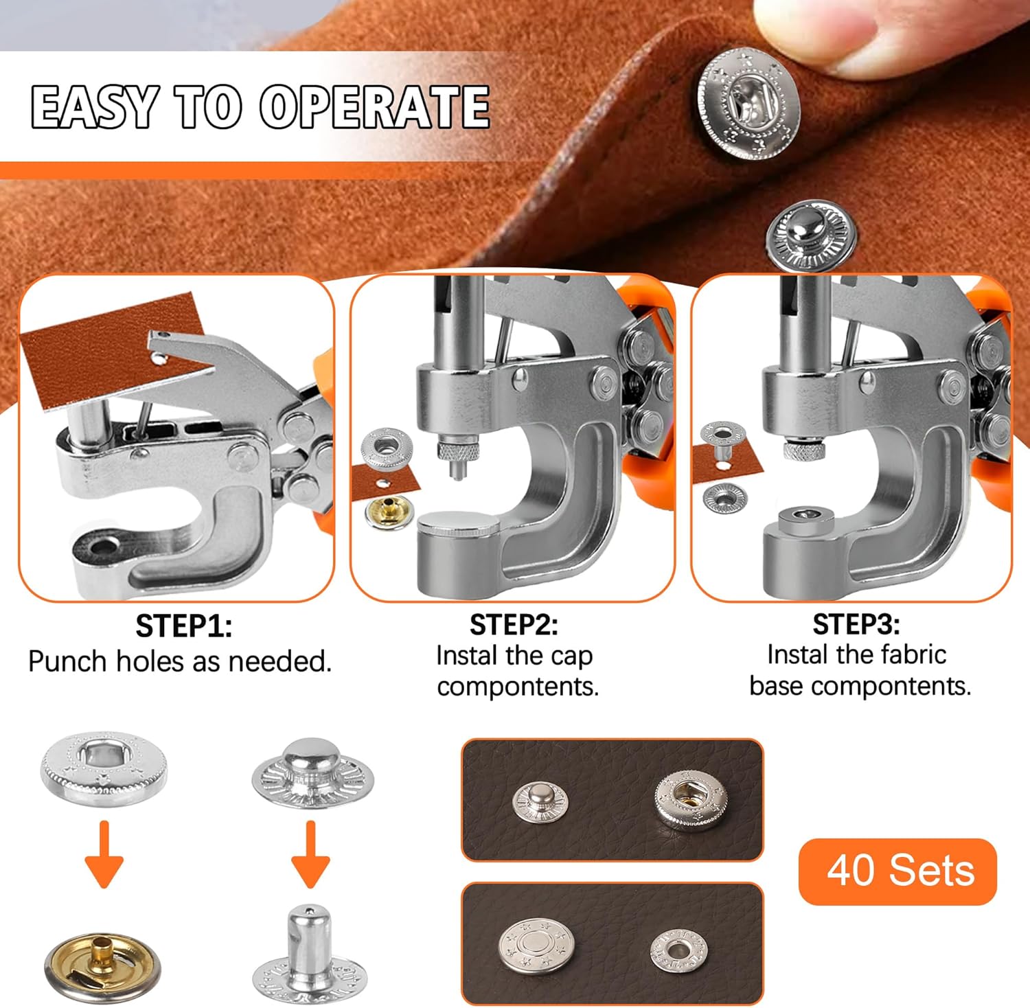 Leather Snap Fastener Tool Kit - 40 Sets of 15mm Star and Circle Patterned Snaps in Silver Bronze, Snap Button Kit for Leather Craft Work, Ergonomic Designed Snap Press Pliers for Safer Easier Set