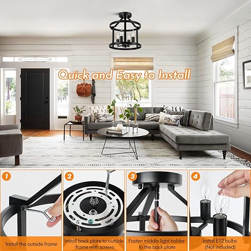 Miniatura 6 de 4-Light Farmhouse Metal Semi Flush Mount Ceiling Light Fixture, Industrial Vintage Matte Black E12 Candle Ceiling Lamp, Rustic Chandeliers for