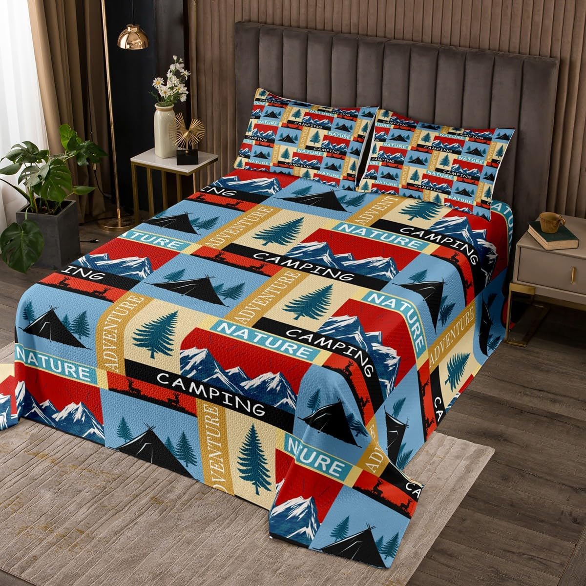 Homewish Moose Bear Bedspread Queen Size,Wild Animal Paw Bedding Set for Kids Boys Girls Room Decor,Woodland Pine Tree Vintage Quilt 3Pcs,Aztec Pattern Plaid Patchwork Coverlet Set,2 Pillowcases