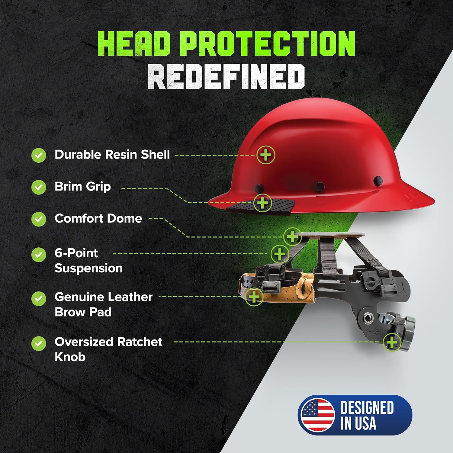 LIFT SAFETY Dax Fiber Resin Full Brim Safety Helmet/Hard Hat | 6 Point Suspension for Comfort & Impact Protection