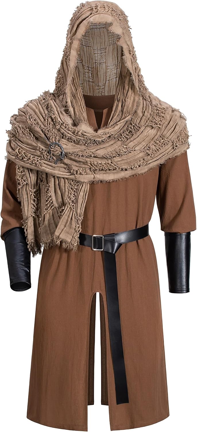 Men's Medieval Renaissance Knight LARP Outfit Pirate Cosplay Robe Halloween Viking Costume Accessories Set