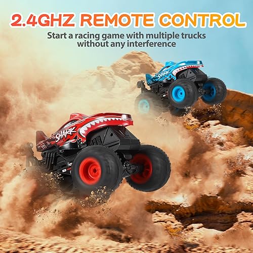 Miniatura 7 de DYODYORC 2 Pack RC Monster Truck, 2.4Ghz High Speed Remote Control Car, All Terrain Shark RC Car with Light&Music&360Stunt, 2 Rechargeable Batteries