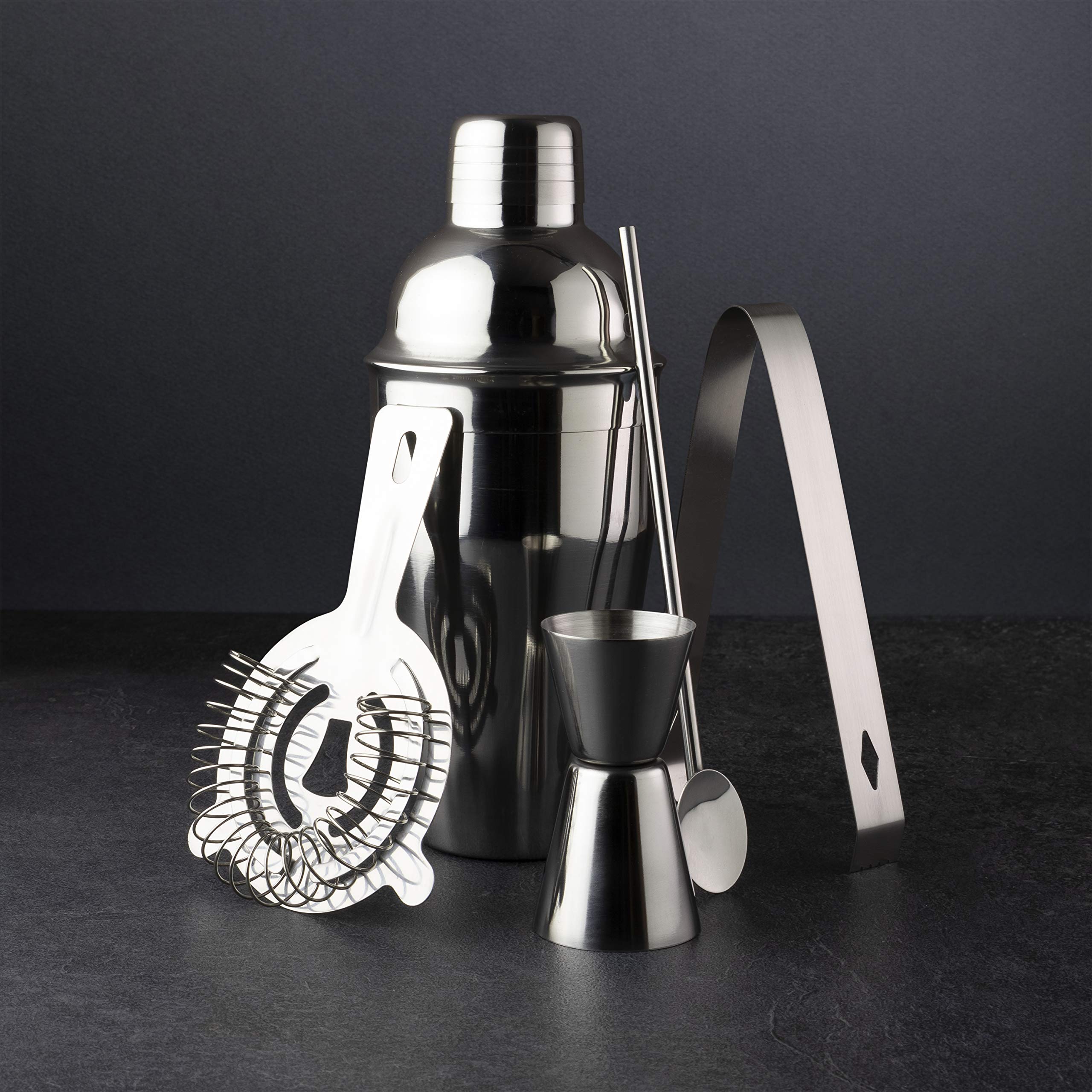 Juego de 5 piezas de mezcla de cócteles – El kit incluye coctelera de acero inoxidable (estilo de zapatillas), colador, doble medida de alcohol, pinzas de hielo y pajita de metal con agitador. Para