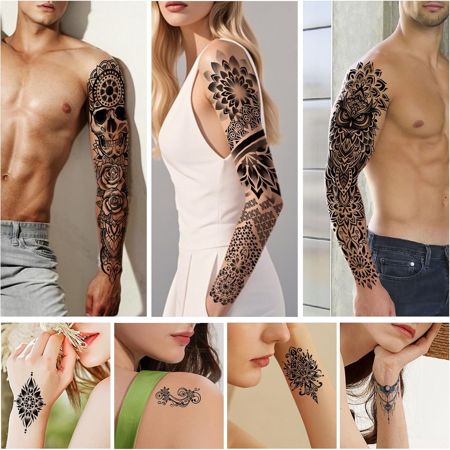 48枚 曼荼羅 花 ボヘミア フルアームスリーブ テンポラリータトゥー 女性用 女の子用 スカルフクロウ ブラック フェイクタトゥー