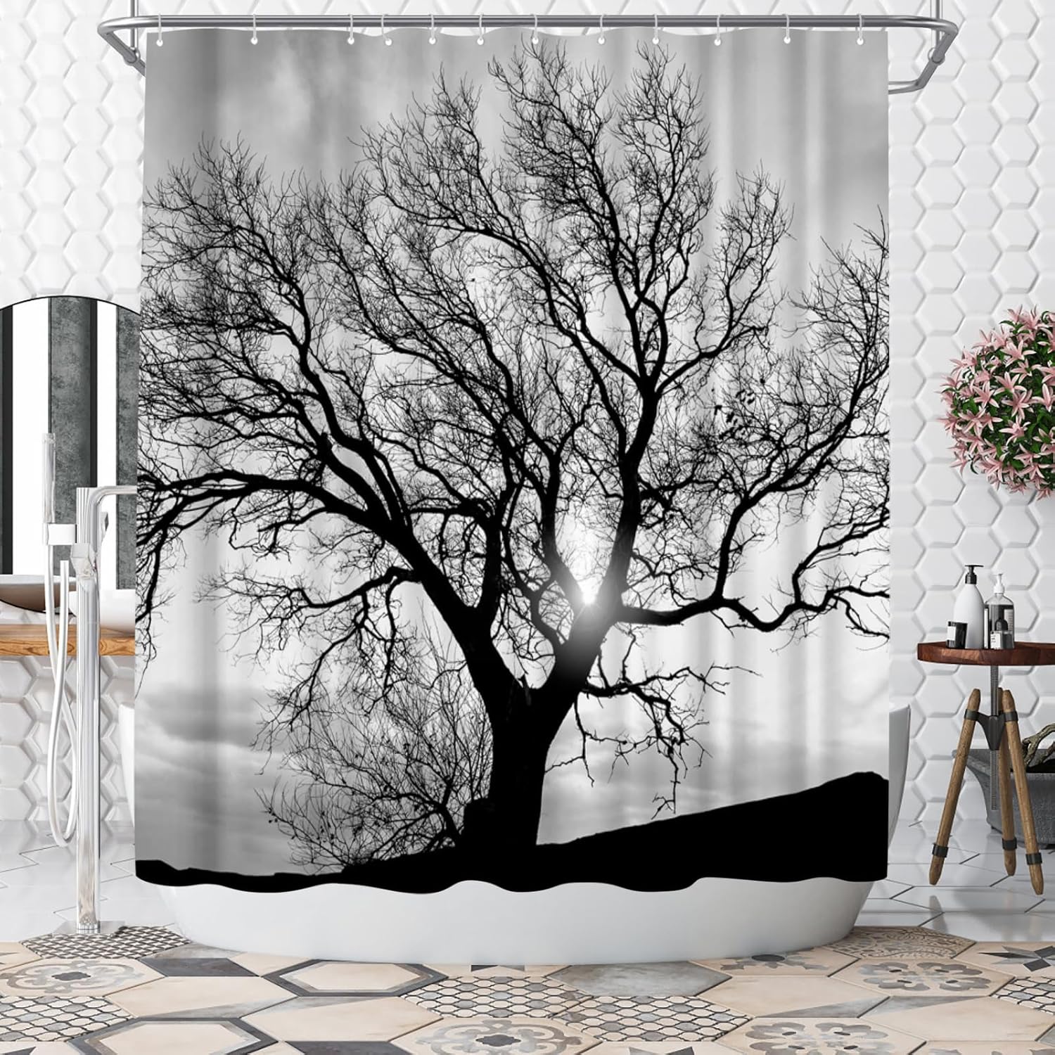 WELMECO Tree Shower Curtain Black and White Shower Curtain Bathroom Decor Polyester Fabric, 72x72inch
