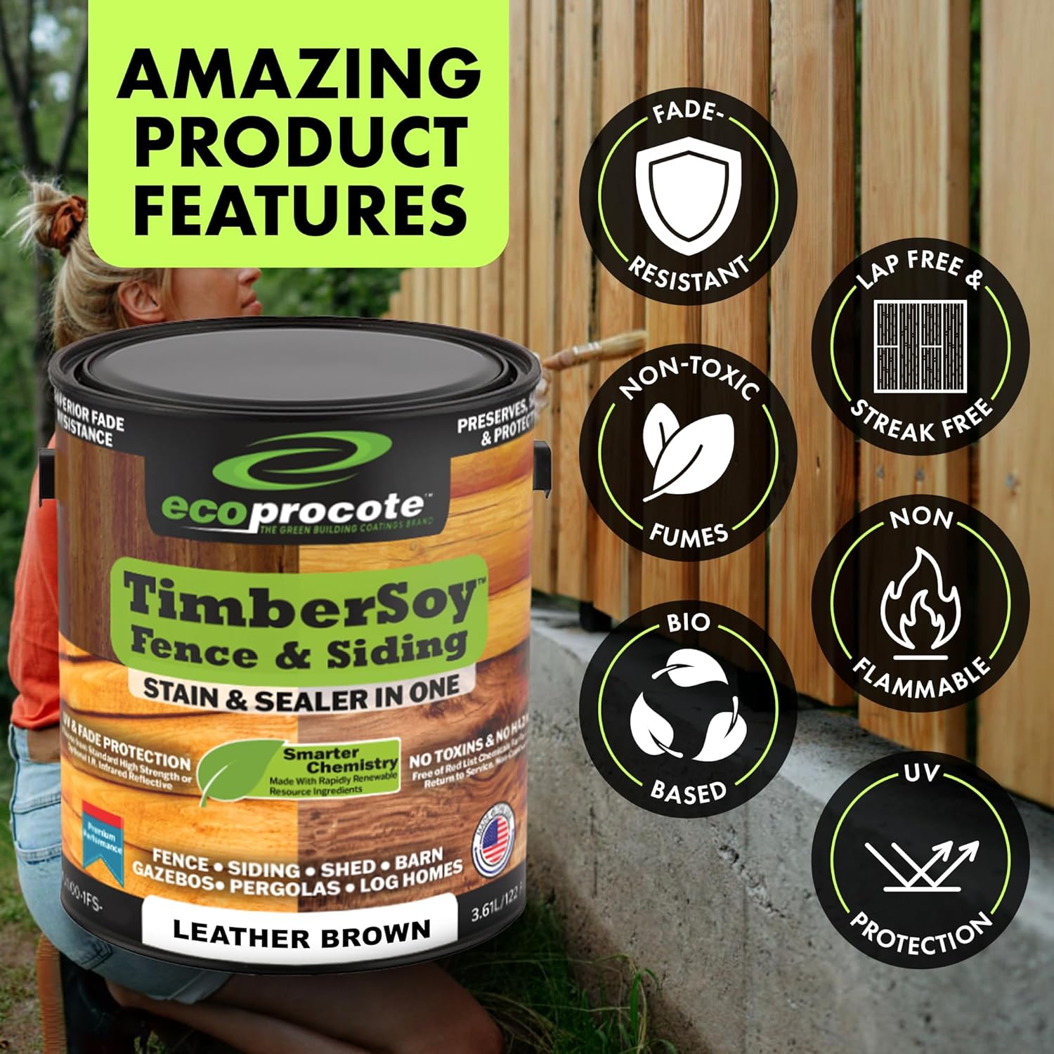 TimberSoy Wood Stain and Sealer in One — UV Resistant, Voc-Free & Non-Toxic Wood Stain & Wood Sealer for Fence, Siding, Log Homes, Outdoor Furniture & Decks, Made in USA — 1 Gallon, Leather Brown