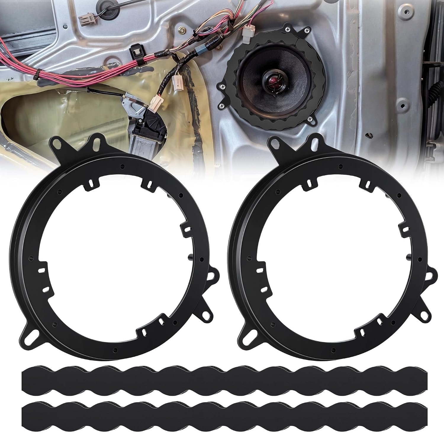 Gulfmew 6" to 6.75" Speaker Adapter Bracket with Acoustic Foam Strips, Compatible with 82-8148/Toyota/Lexus/Scion 1998-2025 Select Vehicles, Door Speaker Mount Spacer Ring Kit, Black, 2 Sets