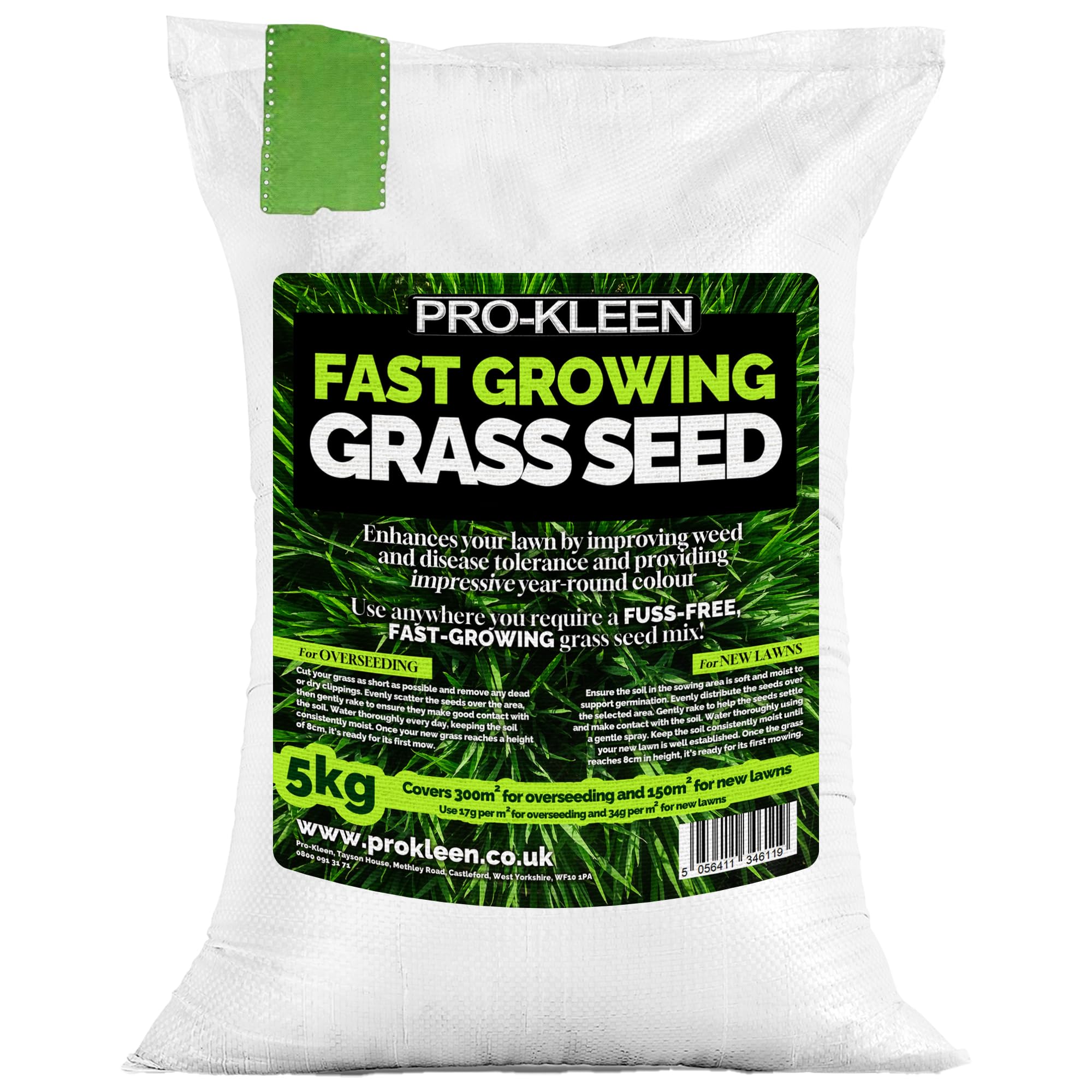 Pro-Kleen Fast Growing Grass Seed 5Kg Covers Up to 300m2 Fast Growing Hard Wearing for New Lawns, Overseeding and Patch Repair Pet and Child Friendly
