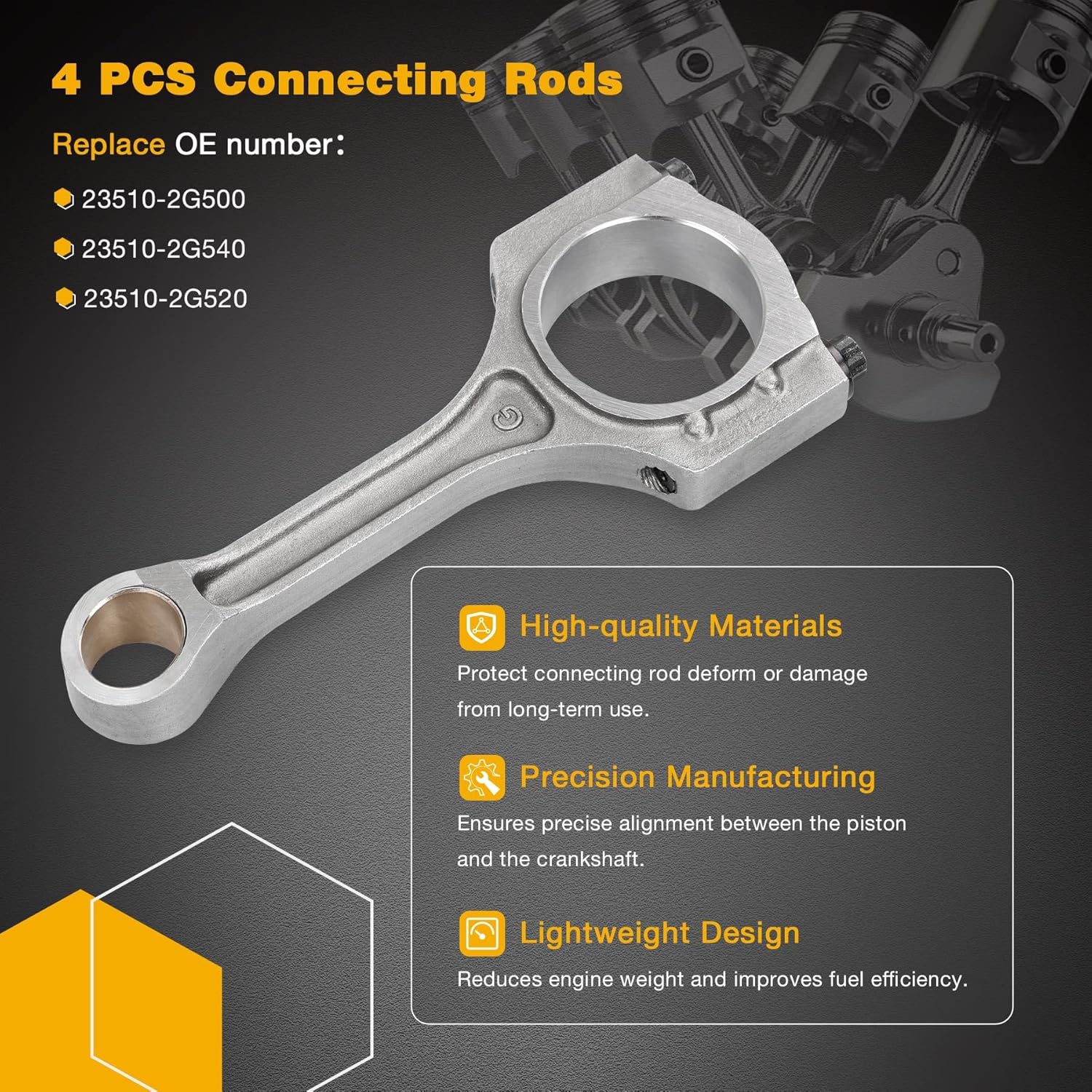 2.4L Engine Piston Kit With Connecting Rod Set, Compatible with 2011-2019 Kia Optim Sorento Sportage Santa Fe Sonata Tucson, Replace# 23040-2G200 23040-25200