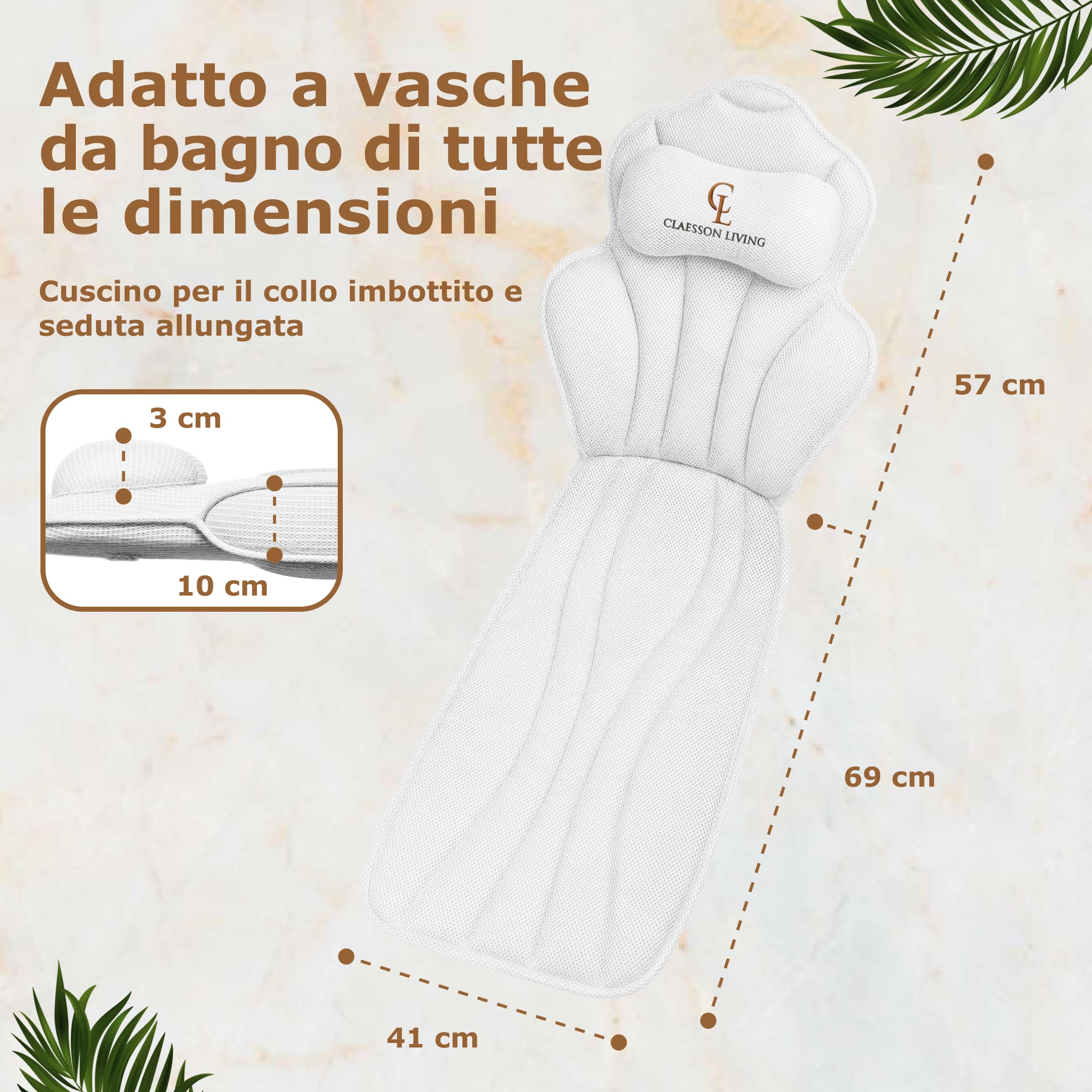 Cuscino Vasca da Bagno per Tutto il Corpo (152x56cm) – Cuscino Bagno con ventose e Poggiatesta (11cm); Supporta Collo, Schiena e Gambe – Incl. borse Lavaggio/Viaggio e Gancio Asciugatura – Bianco