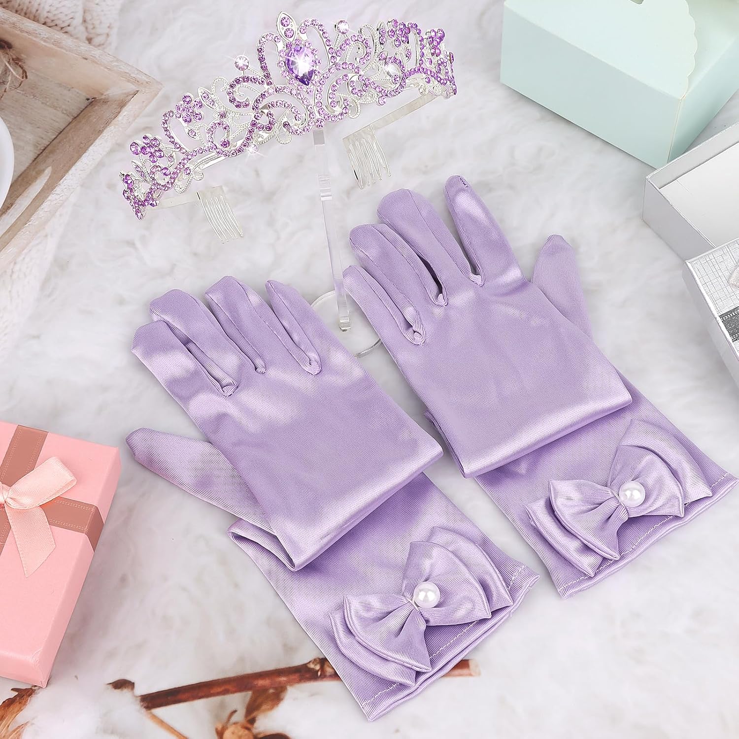 Semato Princess Crown with Satin Purple Gloves Cosplay Accessories Tiara Princess Costume Crown and Gloves for Party