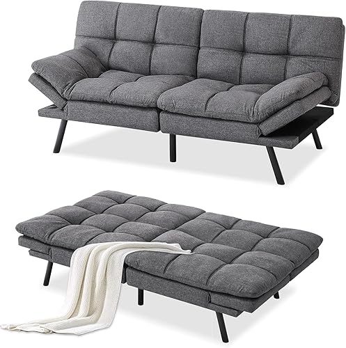 Opoiar Juego de sofás de cama de espuma viscoelástica para espacios pequeños, colchón convertible de madera de tamaño matrimonial y sofá cama con