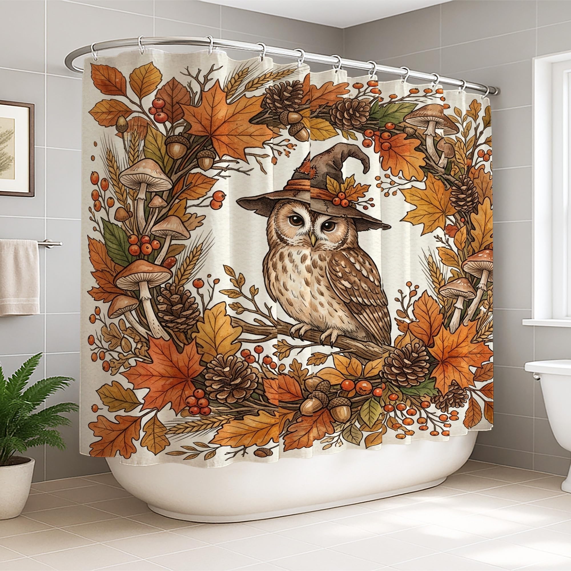 Rideau de douche extra large lavable motif chouette feuilles pour grande baignoire