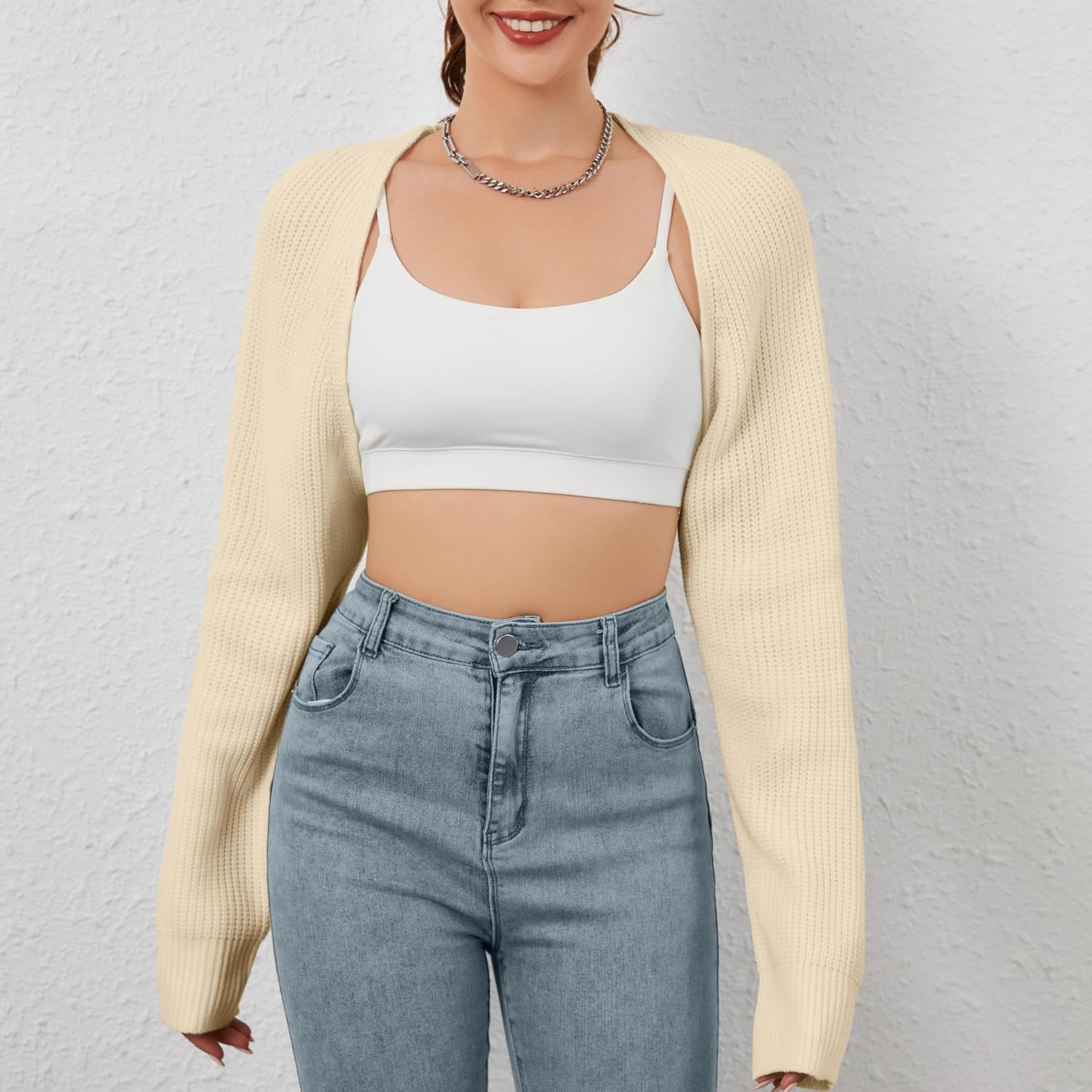 Women Open Front Ribbed Knit Crop Bolero Drop Shoulder Long Sleeve Solid Loose Fit Knitted Crop Cardigan Shrug - Image 6