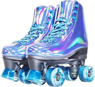 JajaHoho Roller Skates for Women, Very Peri Blue Holographic High Top Faux Leather Rollerskates, Shiny Double-row four wheels Quad Skates for Girls and Age 8-51 Indoor Outdoor (Very Peri Blue, Size 9)