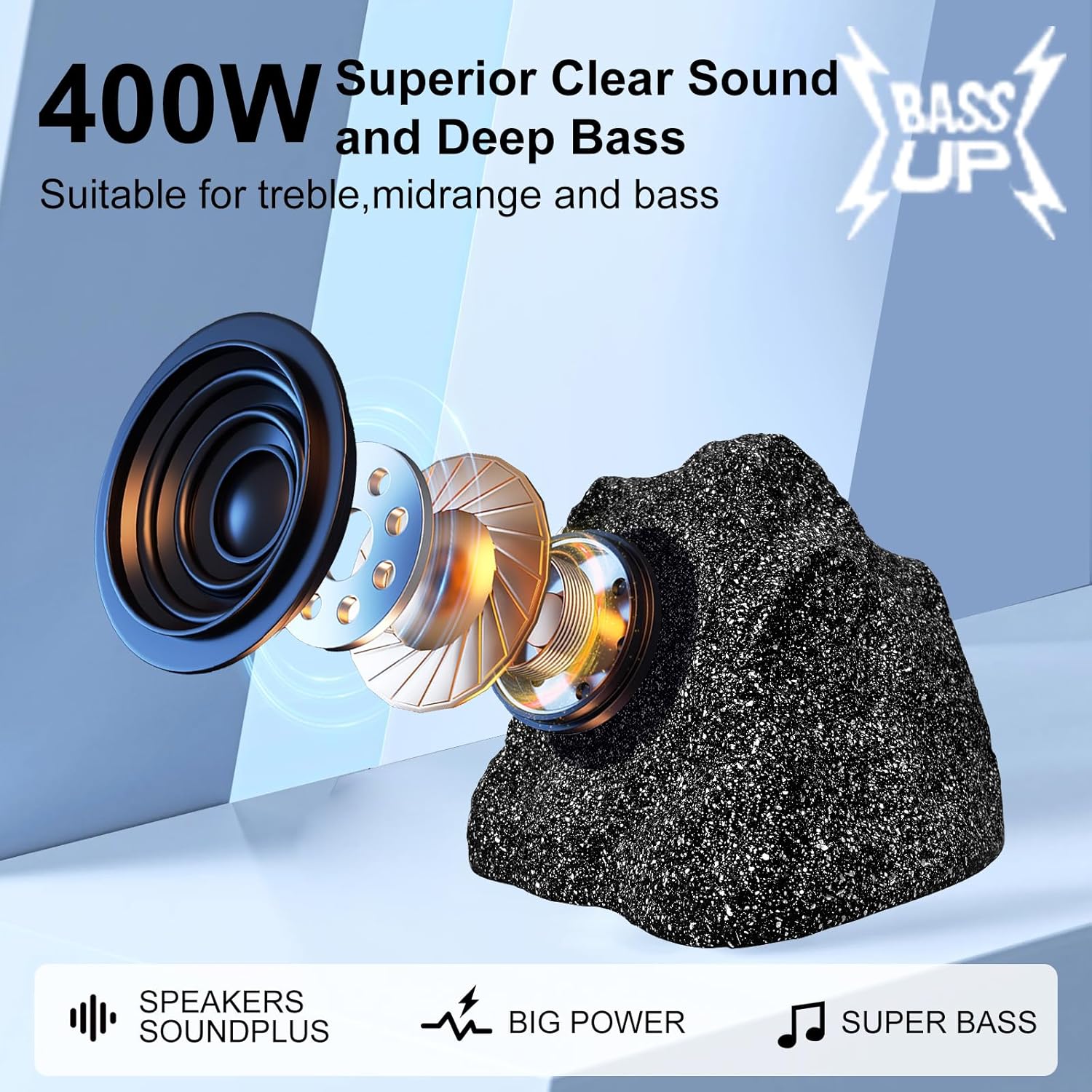 STUDIOFINIX 6.5 Inches Bluetooth Rock Speakers Outdoor Waterproof, 400W Powerful Bass & All Weather, for Backyard Garden Pool Deck BBQ Porch (Pair - Image 4