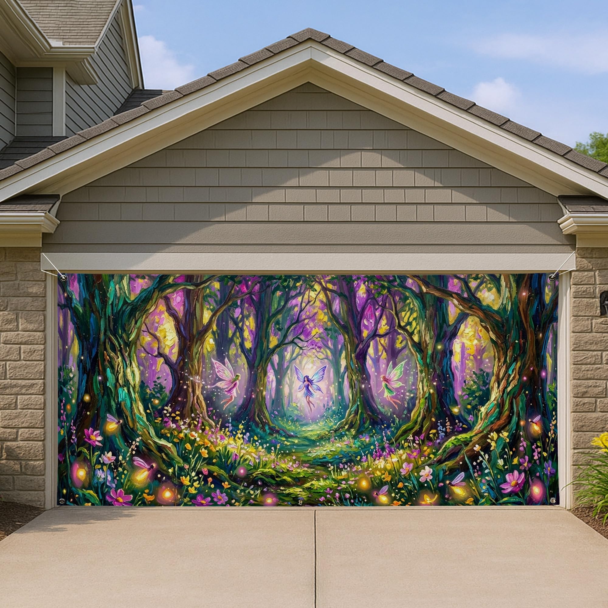 Housse de porte de garage colorée Fairy Forest, décor de printemps extérieur 397x180 cm