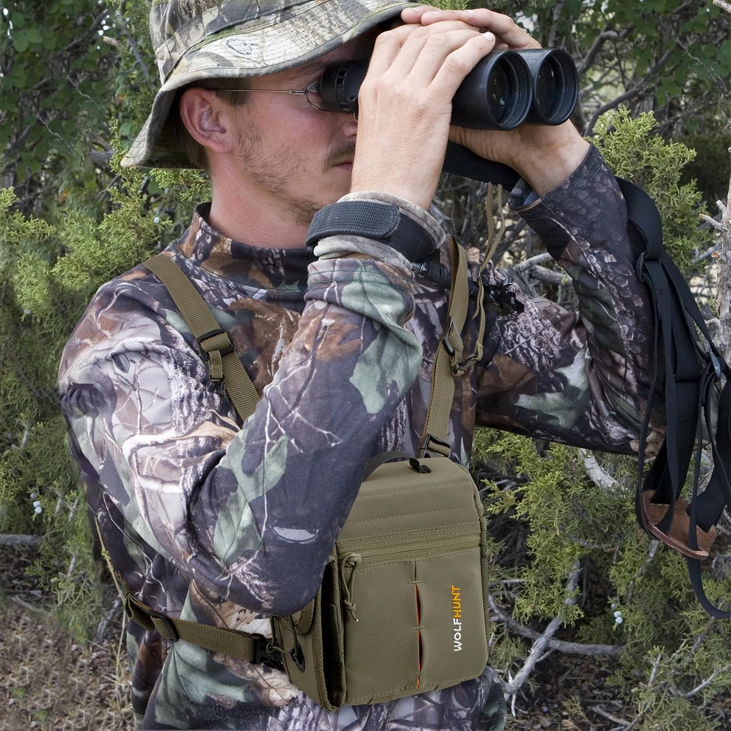 WOLFHUNT Binoculars Harness for Hunting with Rangefinder Pouch, Binocular Chest Pack Built-in Magnetic Snap Design, Bino Harness Bag Case Adjustable Strap, Lens Cleaning Cloth, Triple-Use