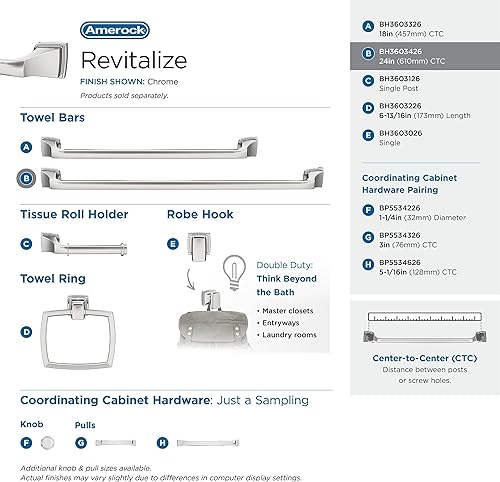 Miniatura 4 de Amerock BH3603426  Toallero cromado  Toallero de 24 pulgadas (24.016 in)  Revitalize  Toallero de baño  Accesorios de baño  Accesorios de baño
