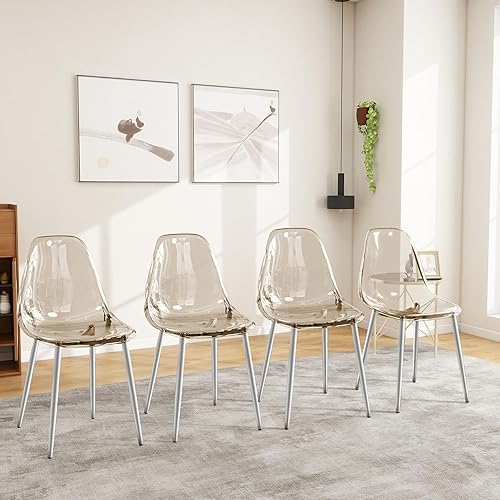 Juego de 4 sillas de comedor transparentes, sillas de plástico acrílico con patas blancas de metal, sillas de cocina modernas de estilo fantasma,
