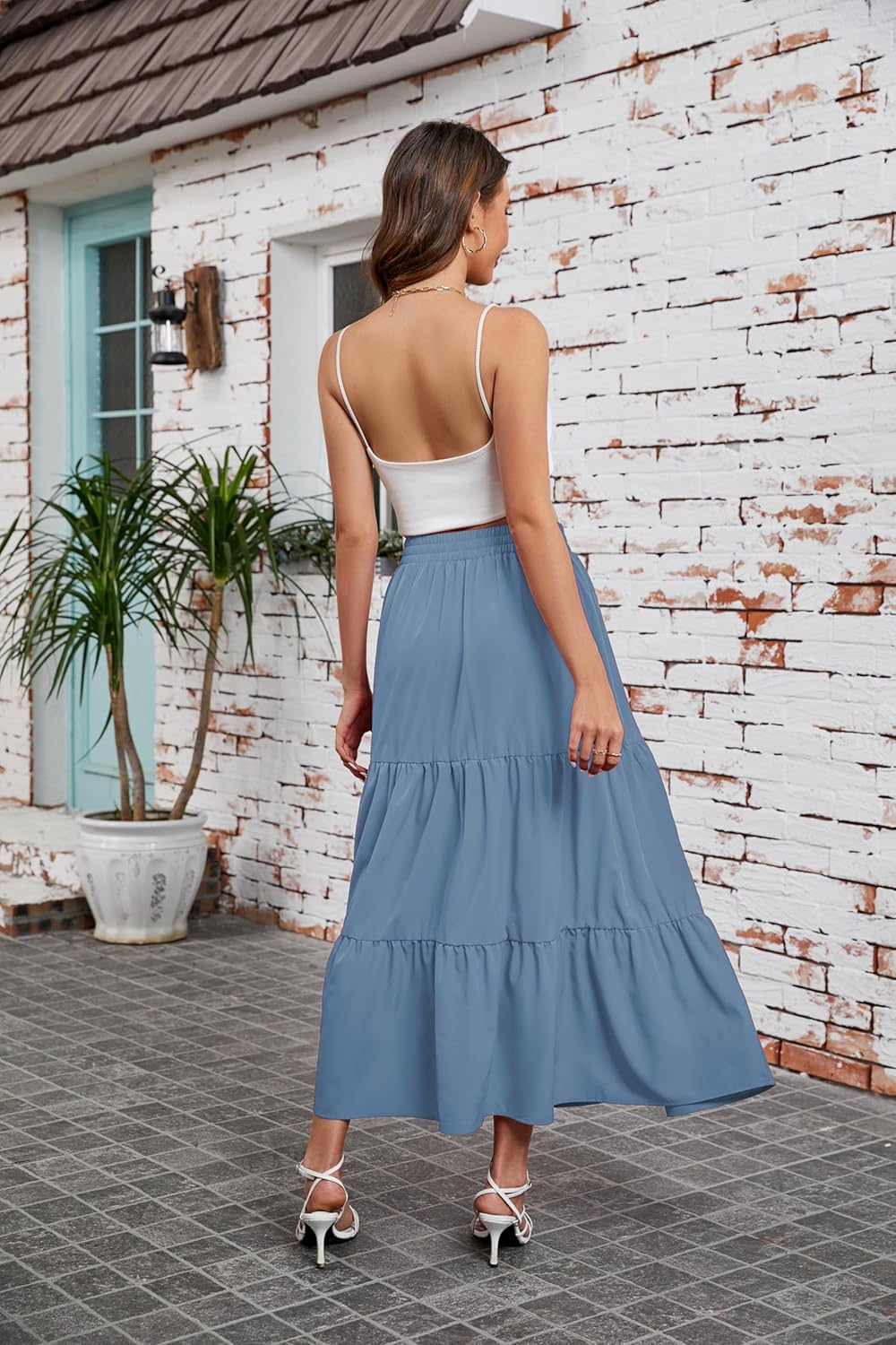 Arolina Maxi Skirt for Women Summer Boho Elastic High Waist Pleated A-Line Flowy Ruffle Swing Tiered Long Beach Skirt Dress - Image 3