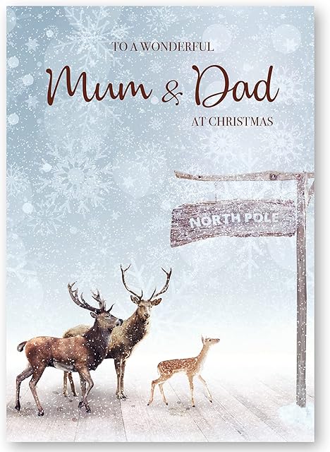 Christmas Card for Mum & Dad. Reindeer in Snow Design. 172 x 122mm Card with Verse Inside and White Envelope. Ecofriendly and UK made by Absolutely Yours.
