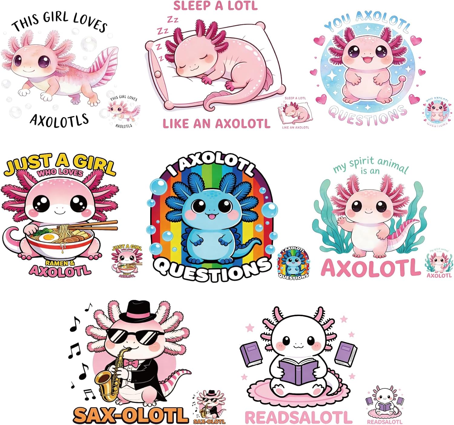 SUPERDANT 16PCS Cute Axolotl Iron on Transfer Paper Salamanders Funny Animals Heat Transfer Sticker Washable Iron on Decals for T Shirts DTF Transfers Ready to Press for Kids Clothing DIY Gift
