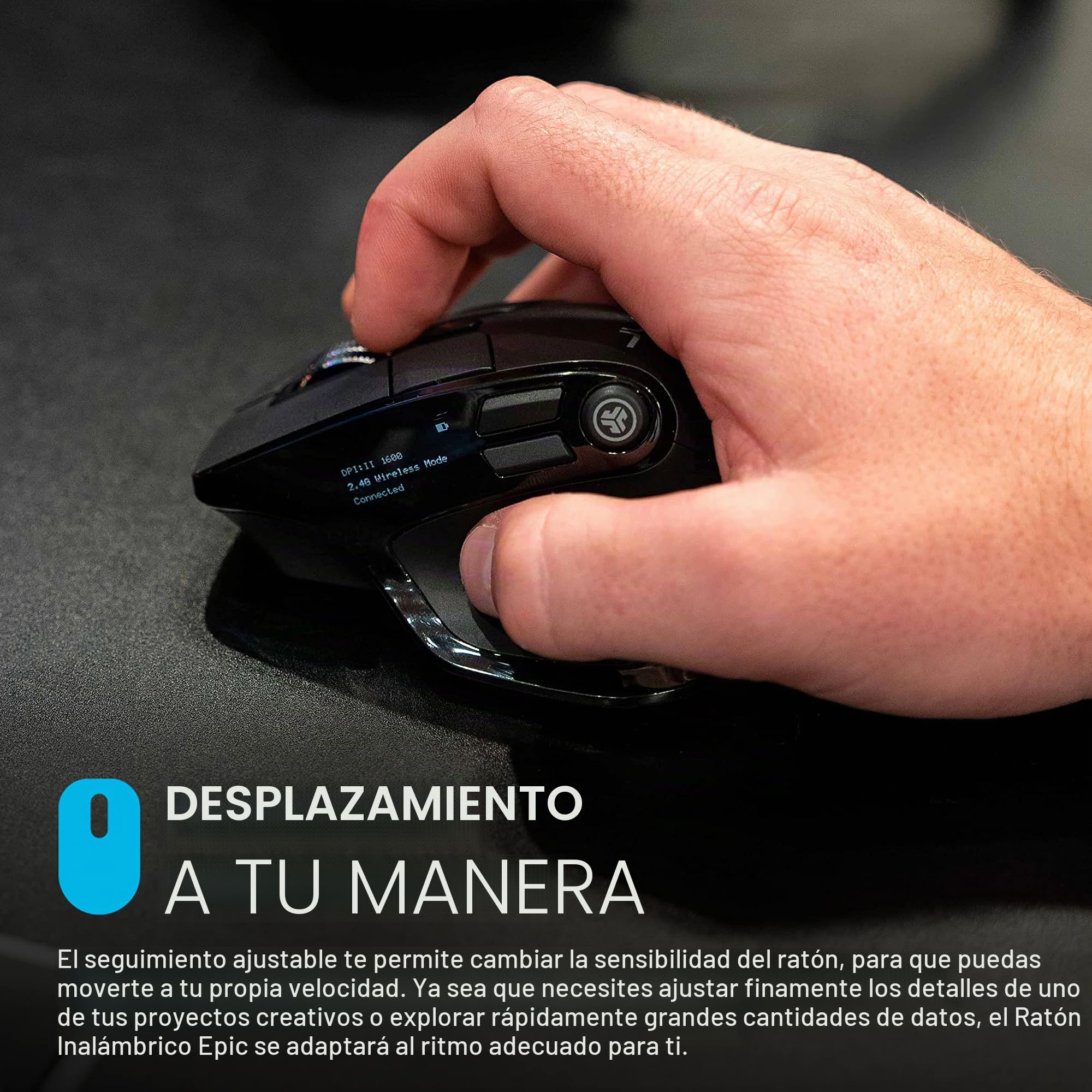 JLab Ratón Inalámbrico Epic - Bluetooth o USB, Ergonómico Recargable | Conexión Bluetooth o Receptor USB, Multidispositivo, Silencioso, Compatible con Ordenador/portátil/Tableta/PC/Windows/Mac