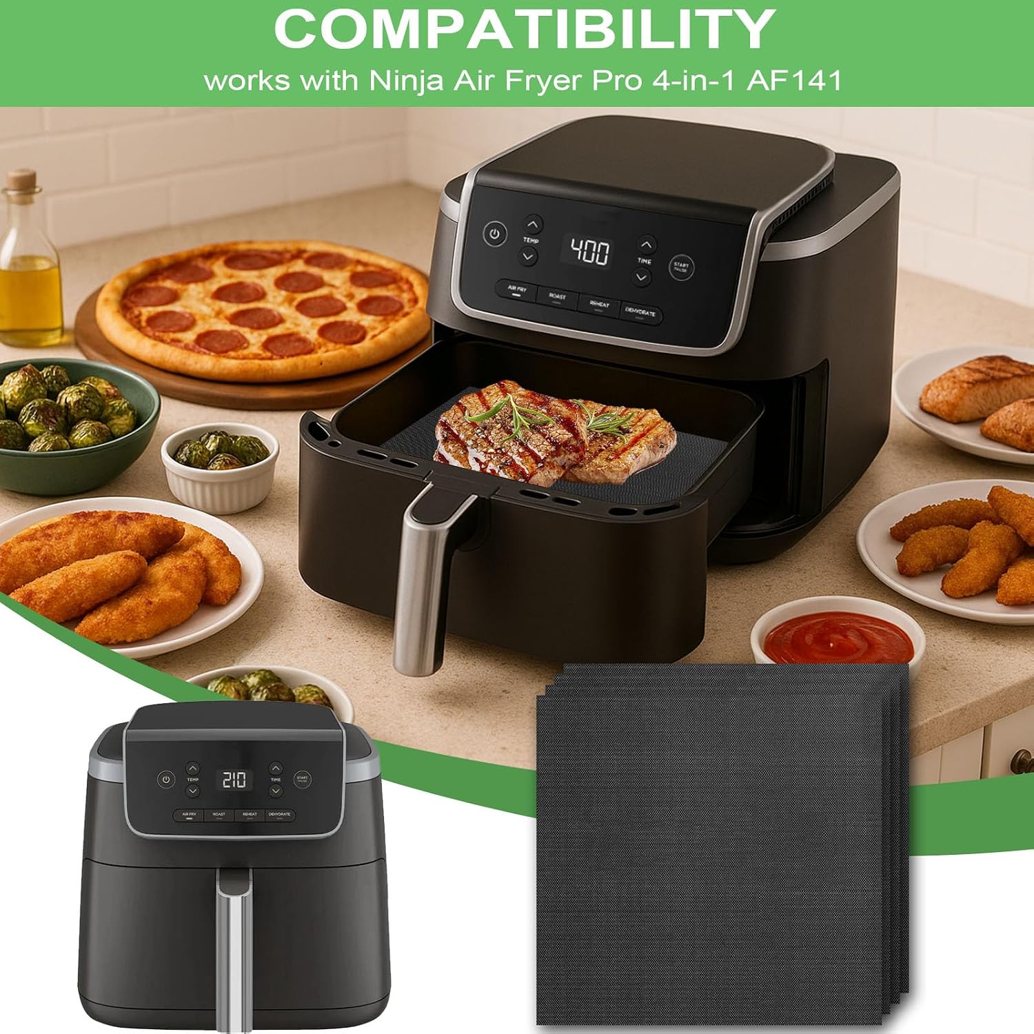 4-Pack Fiberglass Liners for Ninja Air Fryer Pro 4-in-1 AF141, 8.27"* 8.27" Reusable and Versatile Replacement for Ninja Air Fryer Parchment Paper Heat-Resistant Non-Disposable