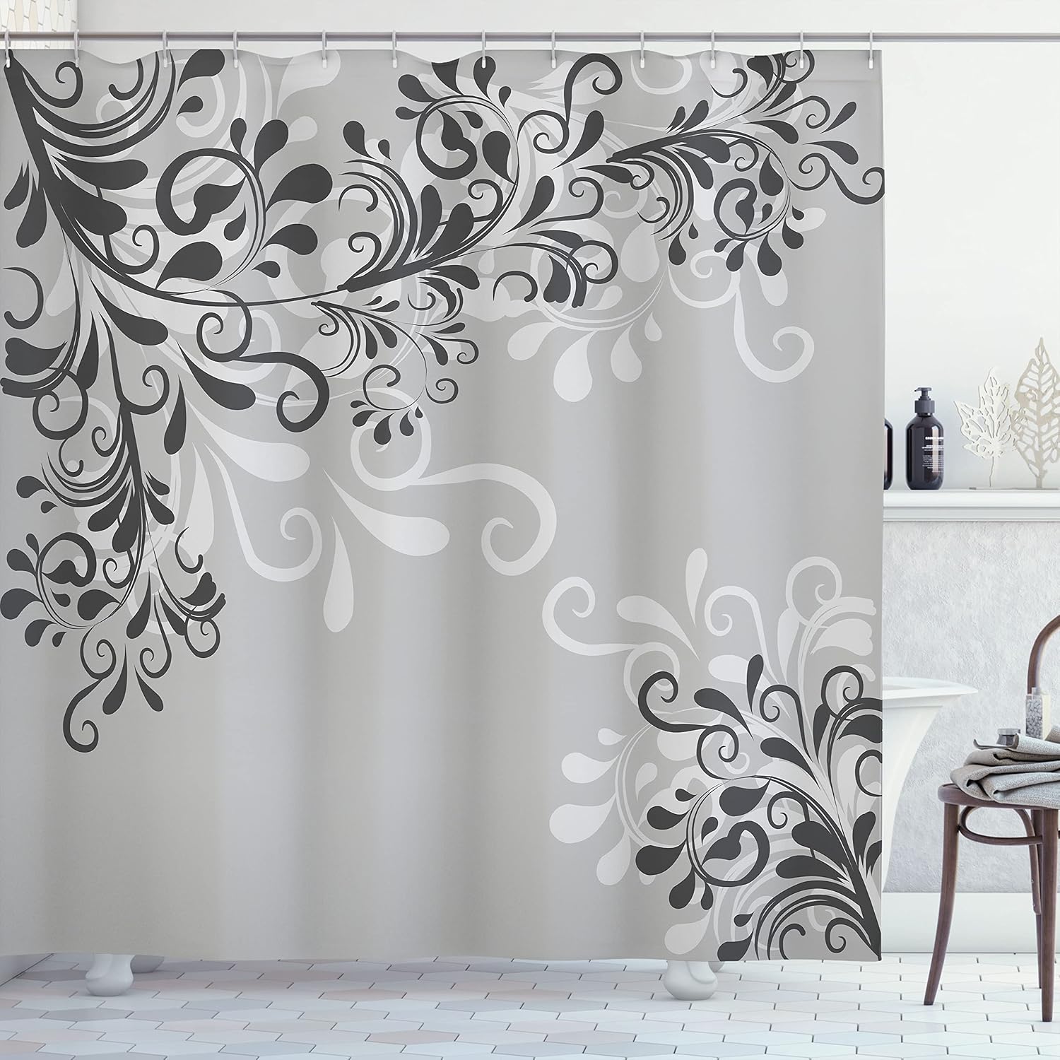 Ambesonne Oriental Shower Curtain, Floral Ivy Swirls and Leaves Abstract Modern Frame Like Artwork Image, Cloth Fabric Bathroom Decor Set with Hooks, 69" W x 70" L, Pale Grey