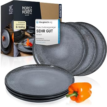 Moritz & Moritz VIDA 6-Piece Dinner Plate Set Anthracite Dinner Plates for 6 People Porcelain Dishwasher and Microwave Safe