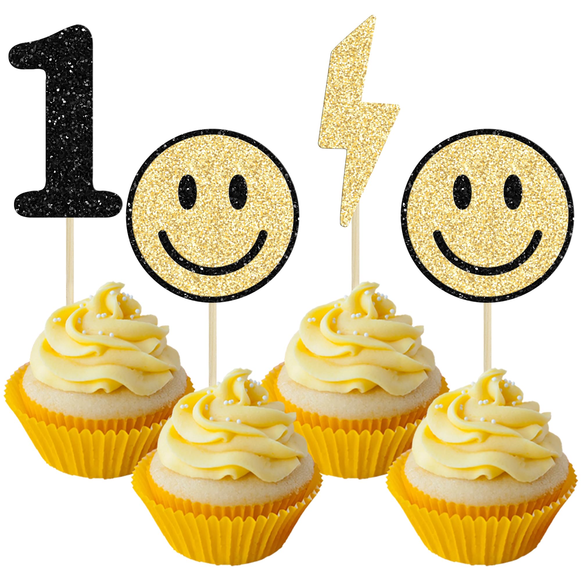 Ephlyn 24Pcs One Happy Dude Cupcake Toppers Smile Face Cupcake Topper Decorations One Happy Dude Birthday Decorations for Kids 1st Birthday