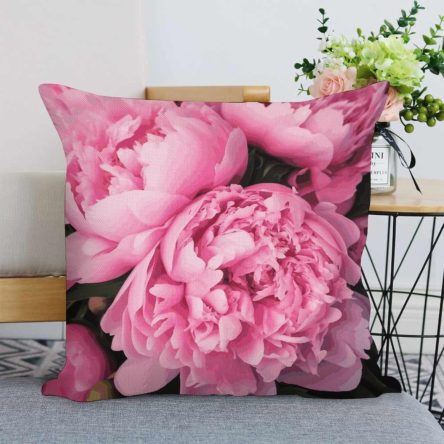 Pink Peony Pillow Protectors Cute Waterproof Pillow Cover Soft Skin-Friendly Cushion Case Decorative Square Cushion Cover for Couch Sofa Bed Living Room Bedroom