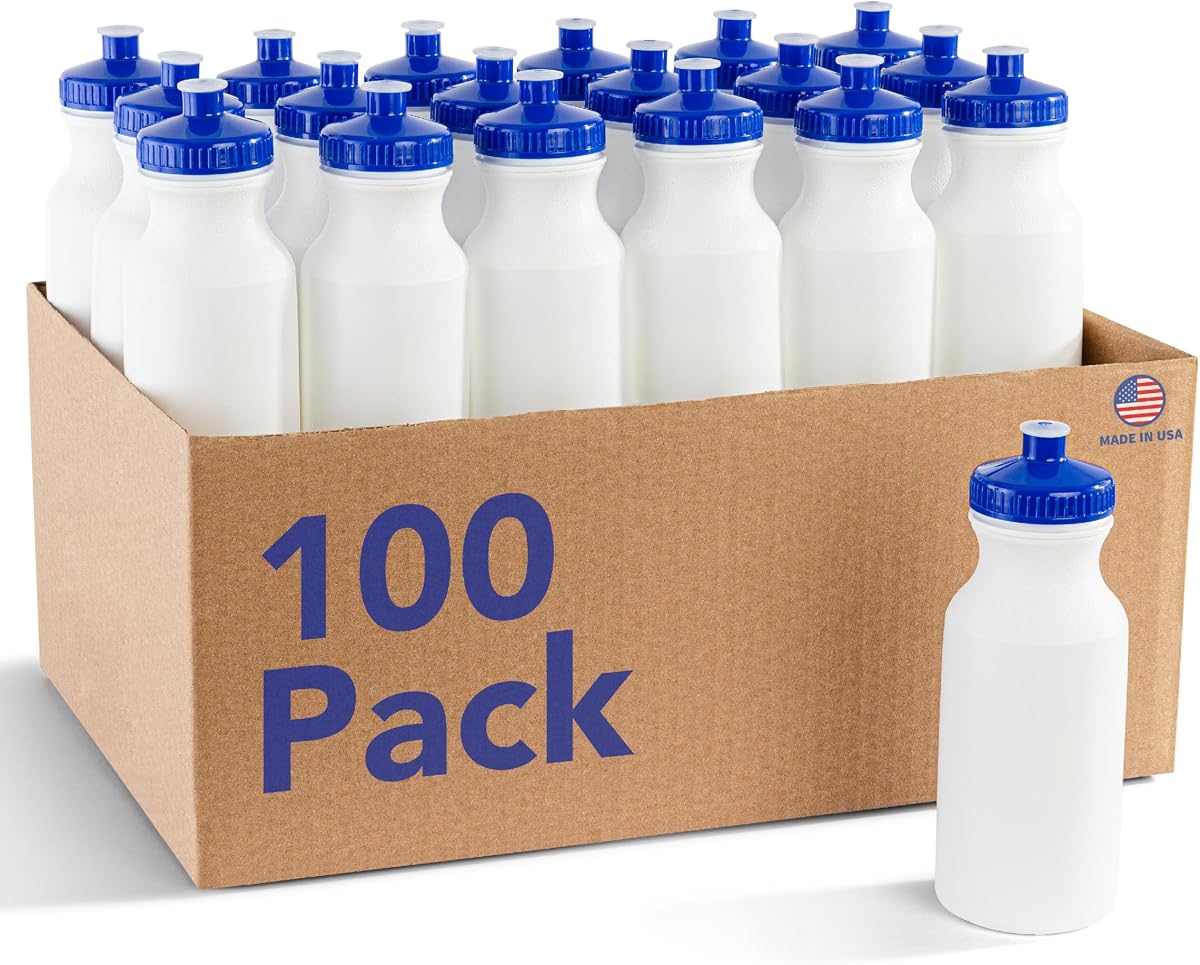 ZETY Botellas de agua a granel, 20 oz blancas, tapa giratoria sin BPA, paquete de 100