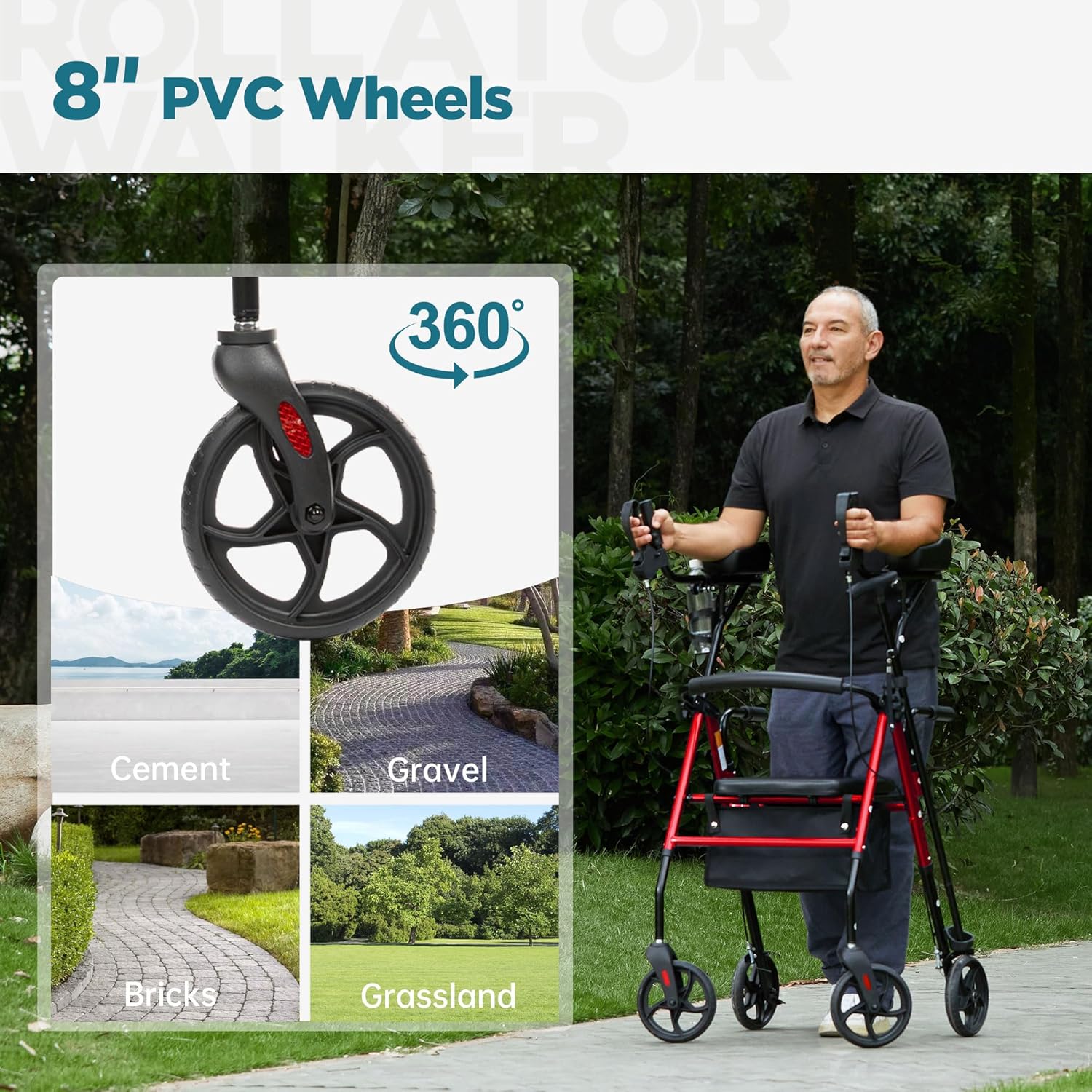 elenker upright walker, stand up rollator walker with padded seat and backrest, lightweight, compact folding, fully adjustment frame for seniors, red