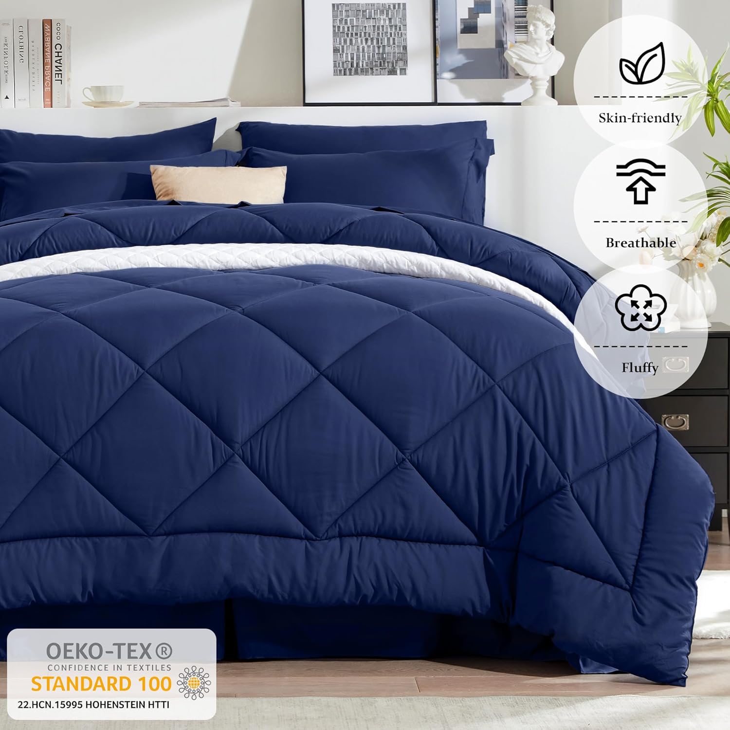 Newspin Queen Comforter Set Blue - Bed in a Bag Queen Size 8 Pieces, All Season Bed Set, Fluffy Comforter Set with Sheets, Sheet Set Quilt Blanket, Pillowcases & Shams & Bed Skirt