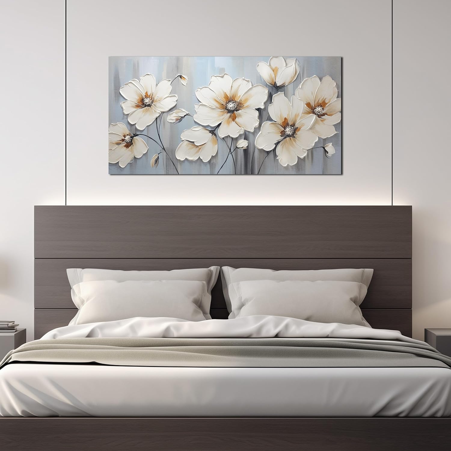 Large Artwork Canvas Wall Art for Living Room Bedroom Modern White Flower Theme Picture Wall Art with Frame Canvas Decorative Artwork Hangable Decor Painting Size 20x40