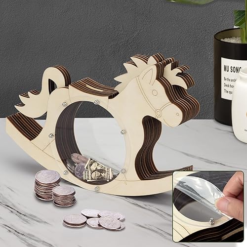 Miniatura 3 de Hucha de madera con forma de caballo mecedora para niños, niñas, niños y adultos, dinero real, transparente, regalos para niños pequeños